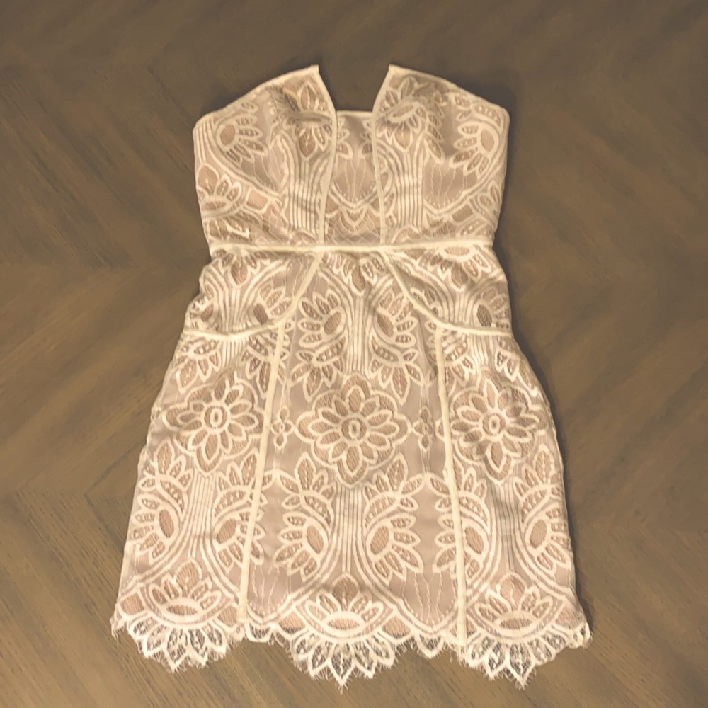 White and beige lace mini dress